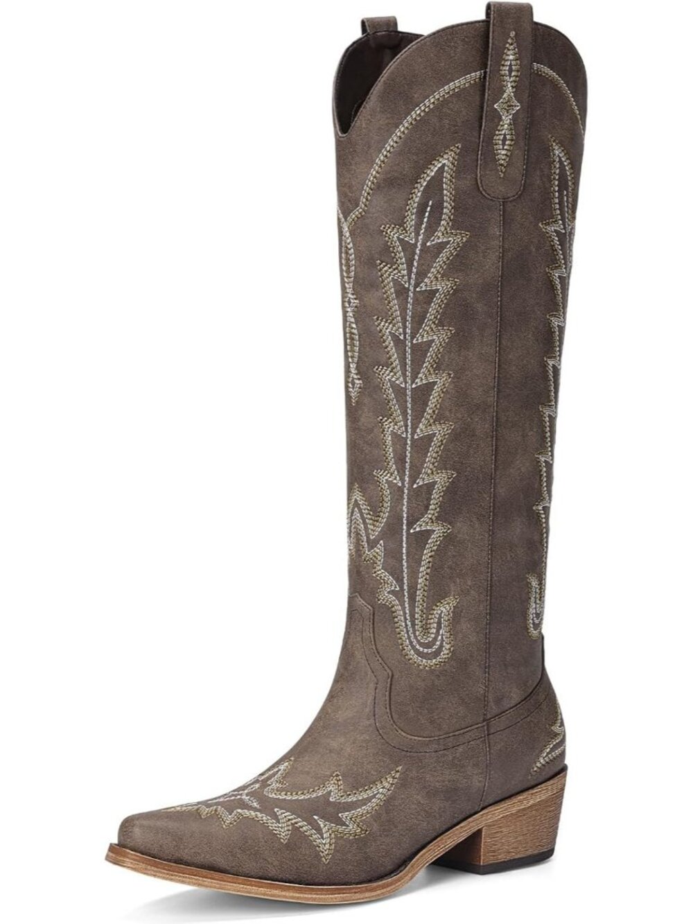 Women's Brown Rubber Knee High Cowgirl Classic Retro Embroidered Tall Heel Boots